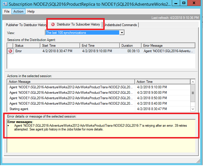 Screenshot of Error details for the Distribution Agent.