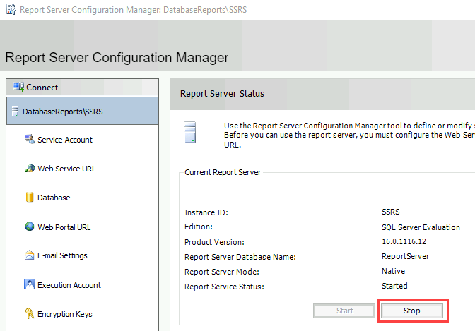 Screenshot of the Report Server Status page in the configuration tool. The Stop button is highlighted.