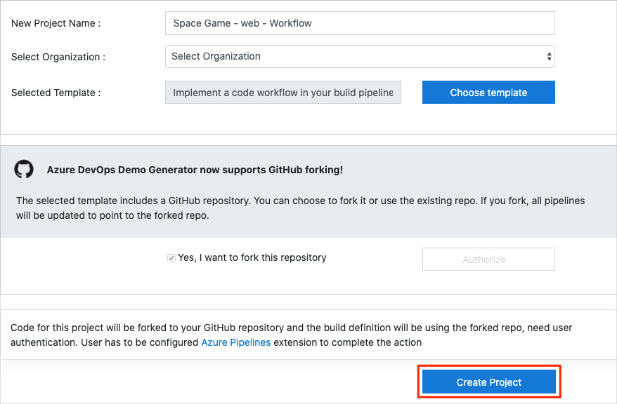 Zrzut ekranu przedstawiający generator demonstracyjny usługi Azure DevOps przedstawiający sposób tworzenia nowego projektu.