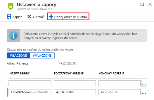 Screenshot of the Azure portal showing the SQL database Firewall settings pane with the Add client IP highlighted.