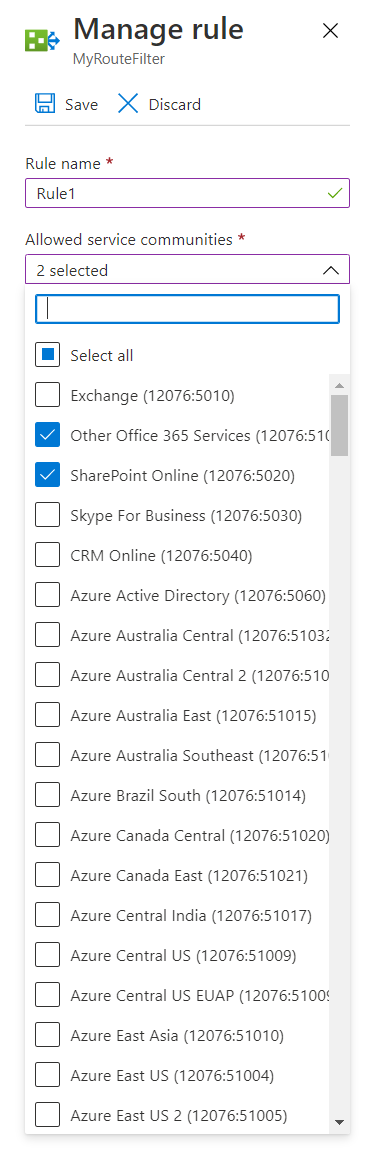 Azure portal - Add a route filter rule