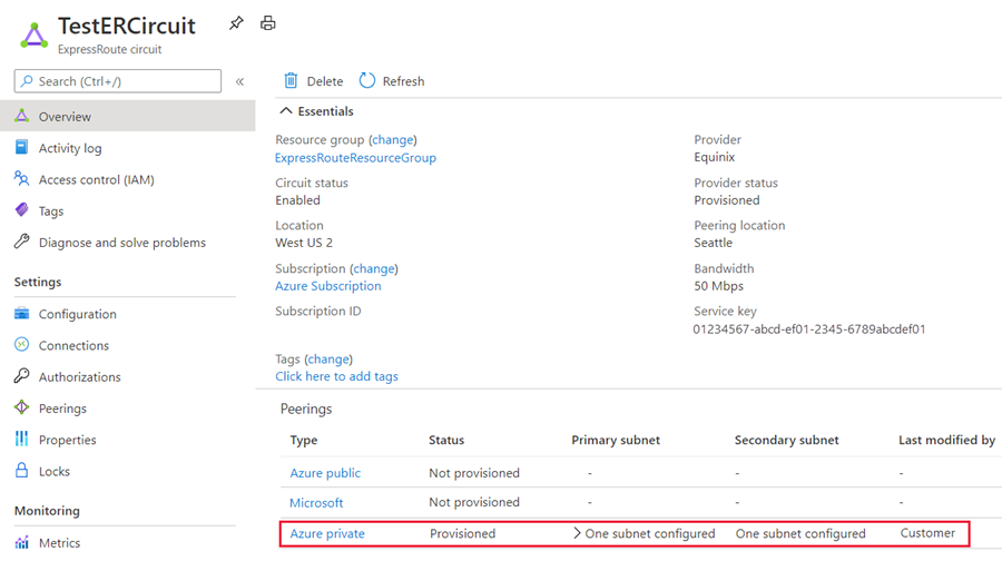 Azure portal - select peering to reset