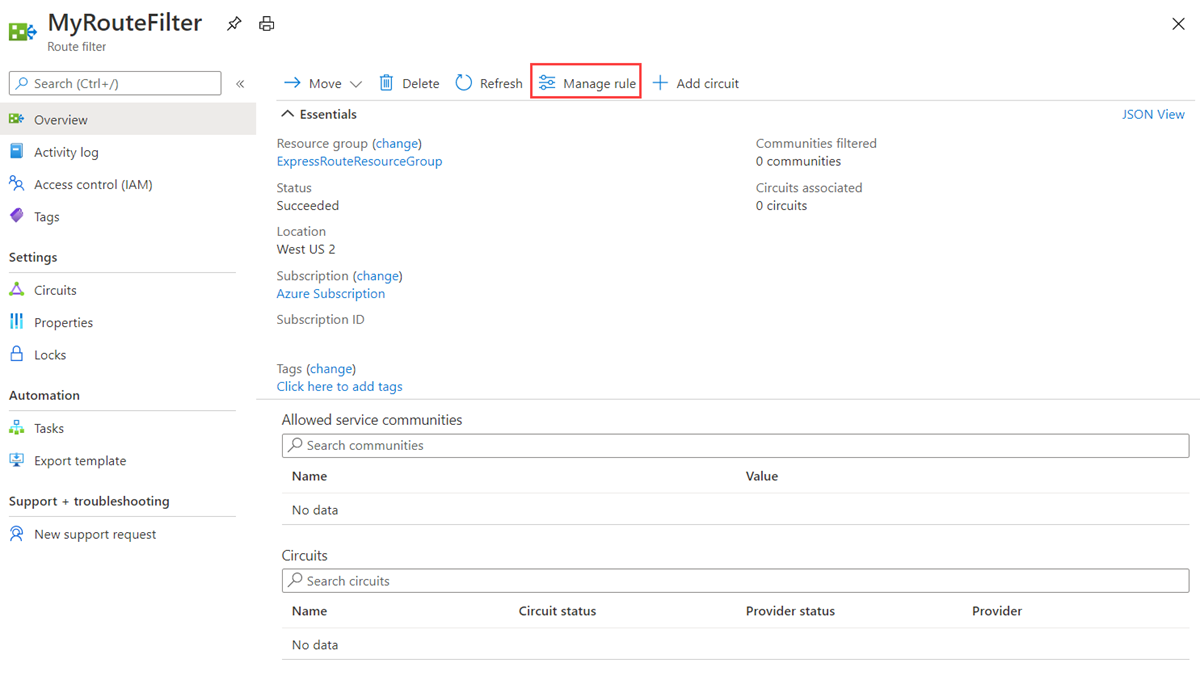 Azure portal - manage route filter properties