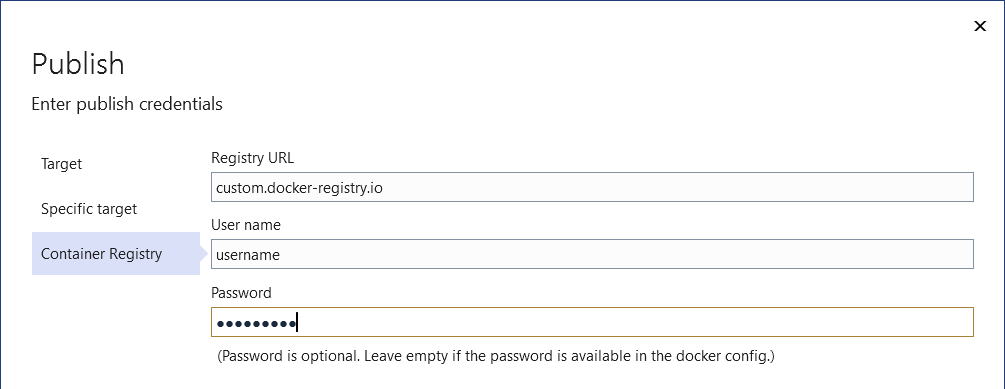 Zrzut ekranu przedstawiający opcję publikowania w innym usłudze Docker Container Registry.