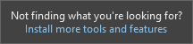 Screenshot shows the Install more tools and features link from the Not finding what you're looking for message in the Create new project dialog box.