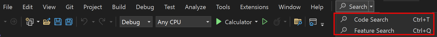 Zrzut ekranu przedstawiający środowisko wyszukiwania wszystkie w jednym na pasku menu programu Visual Studio.