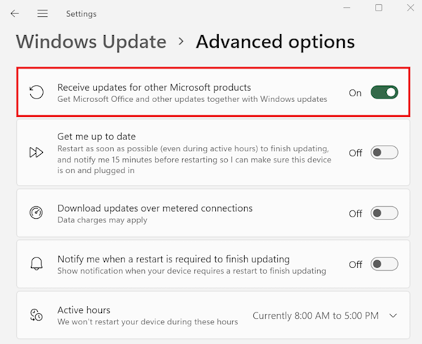 Opcje zaawansowane usługi Windows Update