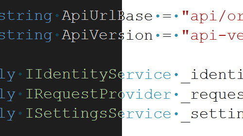 Edytor programu Visual Studio przedstawiający ten sam fragment kodu przy użyciu tej samej czcionki, ale połowa kodu znajduje się w ciemnym motywie i połowie światła.