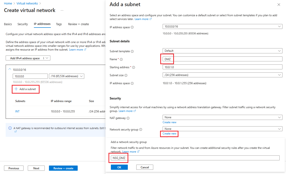 Screenshot showing how to add a new subnet that includes a network security group.