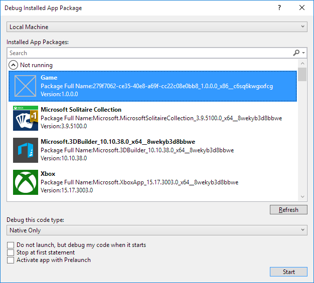 Debug Installed App Package dialog box