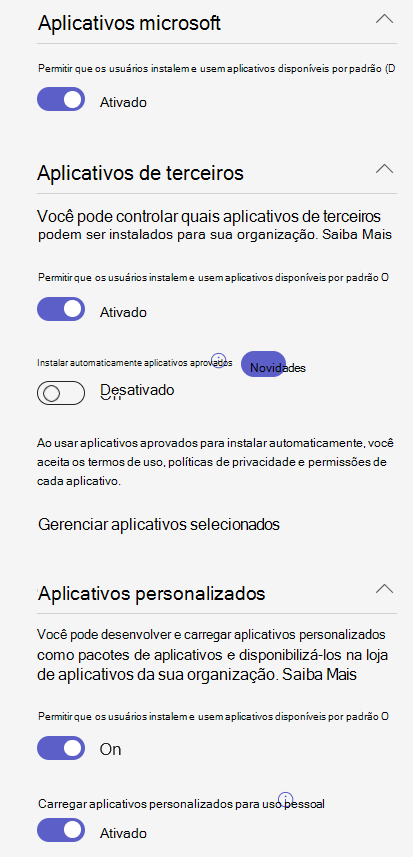 Captura de ecrã a mostrar as definições da aplicação ao nível da organização numa organização que utiliza a funcionalidade de gestão centrada na aplicação.