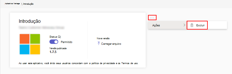 Captura de ecrã a mostrar a opção no centro de administração para eliminar ou remover uma aplicação personalizada.