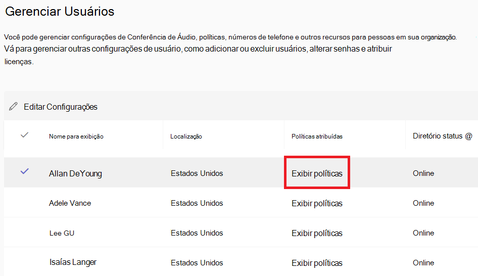 Captura de ecrã que mostra a opção para ver as políticas existentes aplicadas ao utilizador.