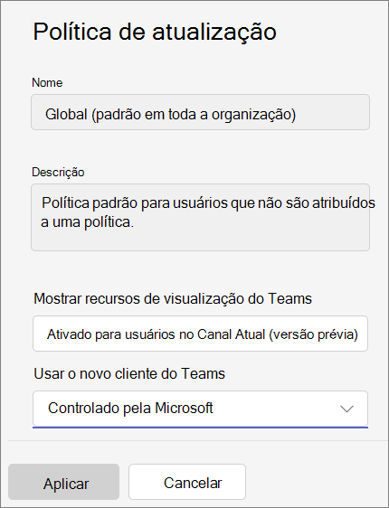 Captura de tela do painel de política de atualização no centro de administração do Teams.