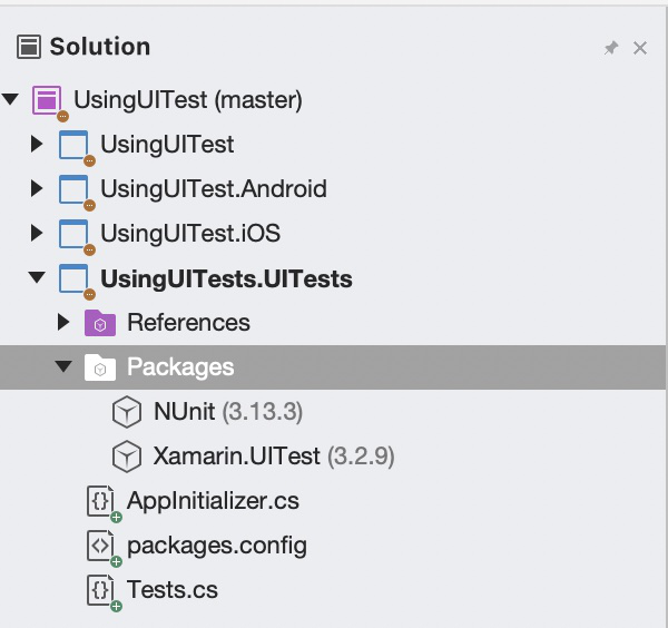 Pacotes NuGet do UITest do Xamarin