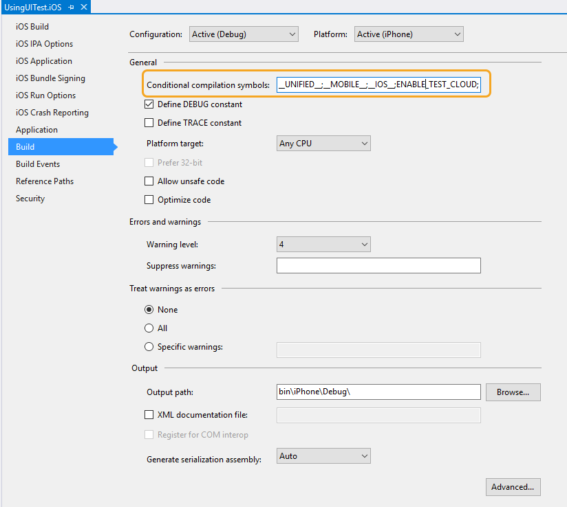 opção de símbolos de compilação condicional no Visual Studio