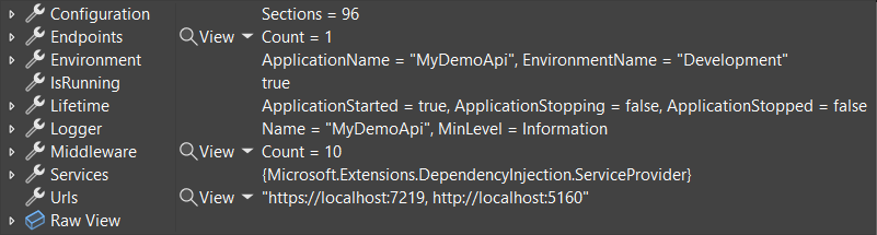 Exibição útil do depurador do tipo WebApplication no .NET 8.