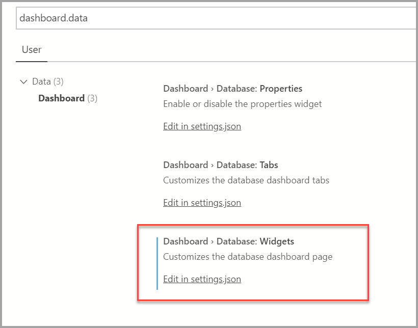 Captura de tela mostrando a seção CONFIGURAÇÕES DO USUÁRIO com a seção Painel > Widgets de Banco de Dados em destaque.