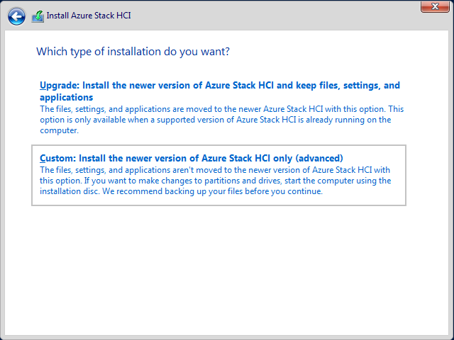 Captura de tela da página de idioma do assistente do Tipo de Instalação do Azure Stack HCI.