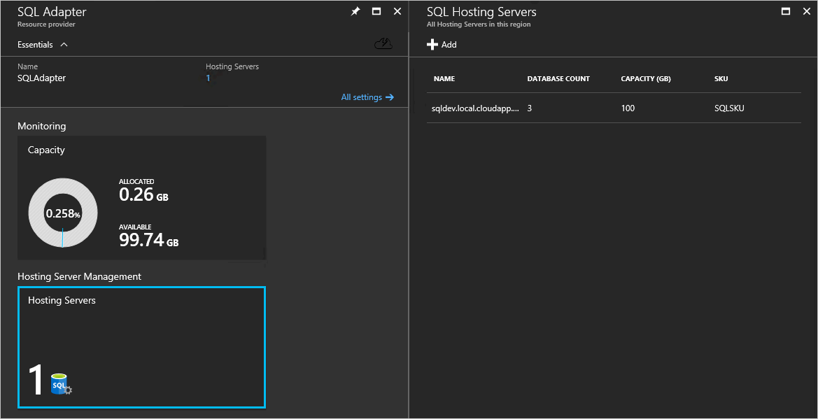 Painel do Adaptador SQL no portal do administrador do Hub do Azure Stack