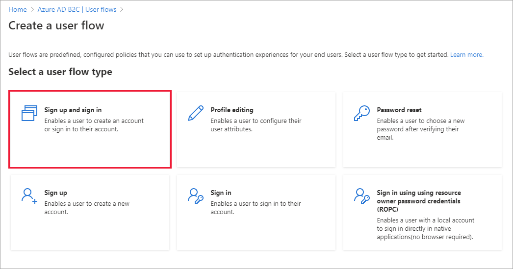 Select a user flow page with Sign up and sign in flow highlighted