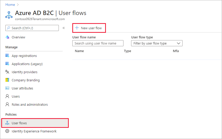 User flows page in portal with New user flow button highlighted