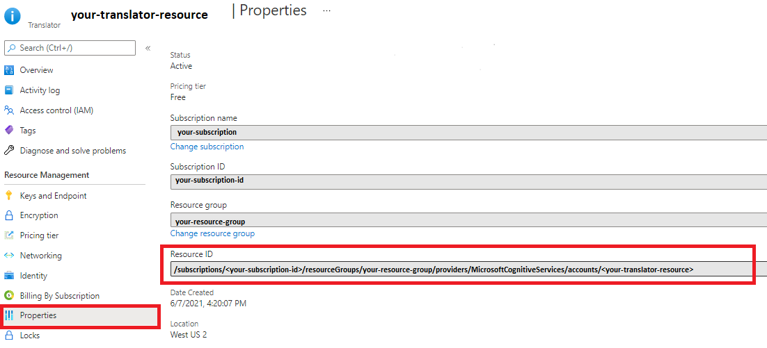 Captura de tela: página de propriedades de Tradutor no portal do Azure.