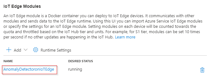 Imagem da interface do usuário dos Módulos do IoT Edge com o link AnomalyDetectoronIoTEdge realçado com uma caixa vermelha para indicar que este é o item a ser selecionado.