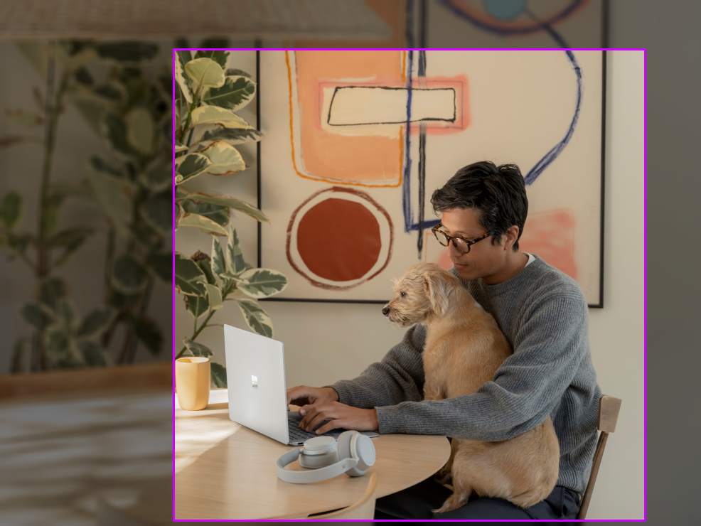 Foto de um homem com um cachorro em uma mesa. Uma caixa delimitadora de taxa de 1,00 é desenhada.