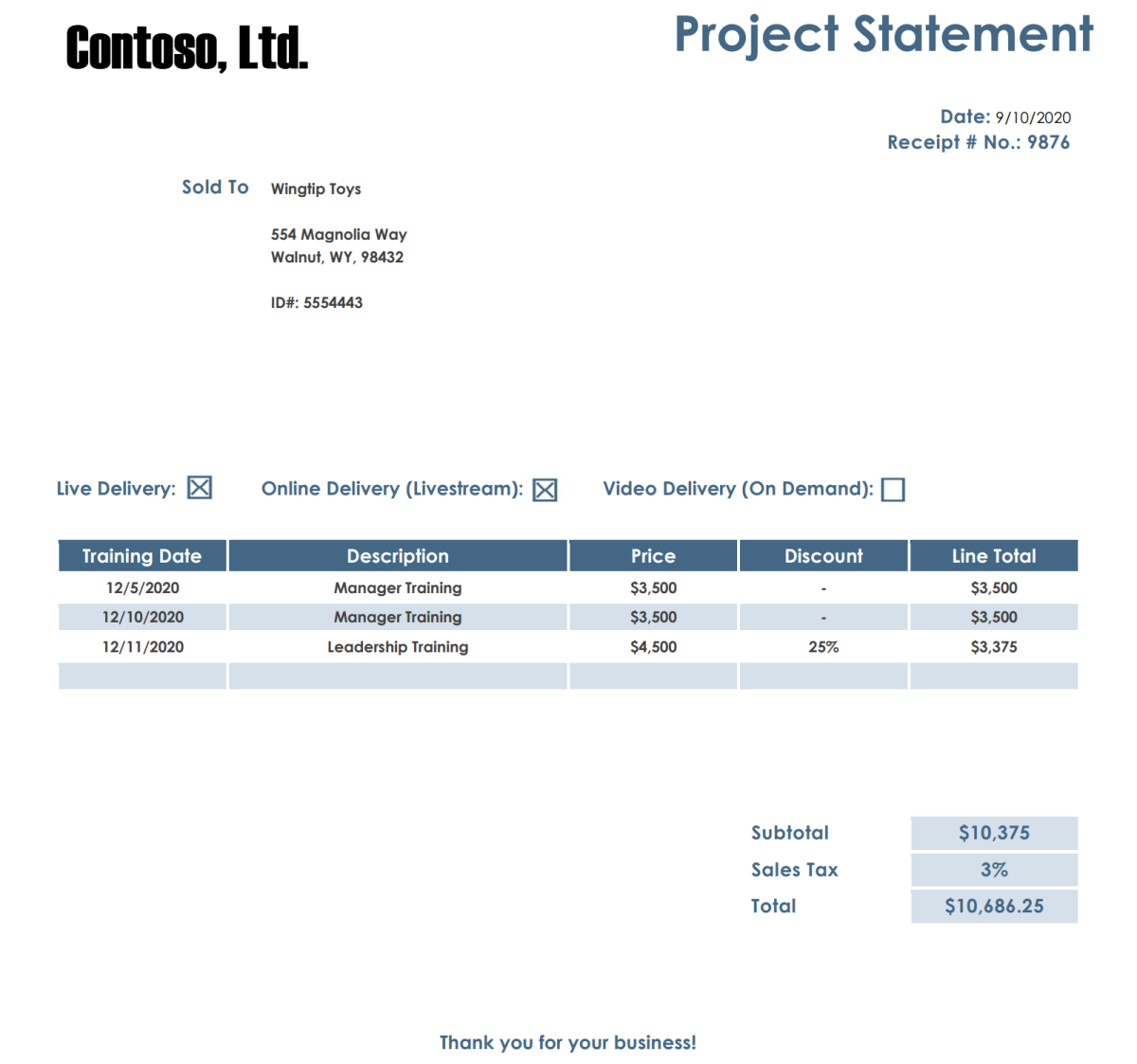 Documento de declaração de projeto da Contoso com uma tabela.