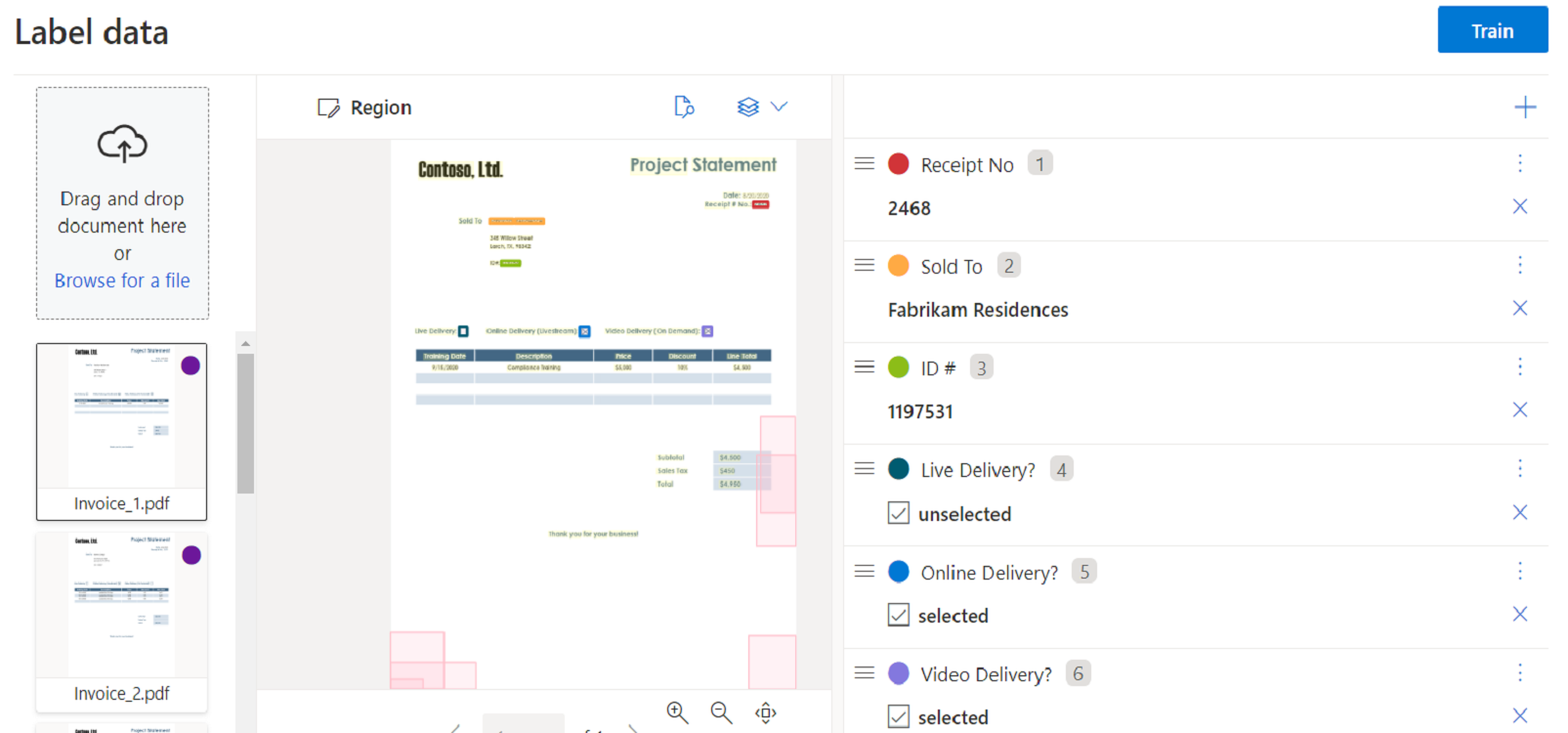 Captura de tela de treinamento de modelo Personalizado usando o Estúdio de Informação de Documentos.