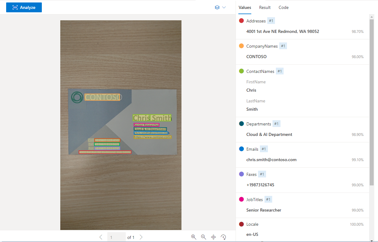 Captura de tela do exemplo de cartão de visita processado no Estúdio de Informação de Documentos.