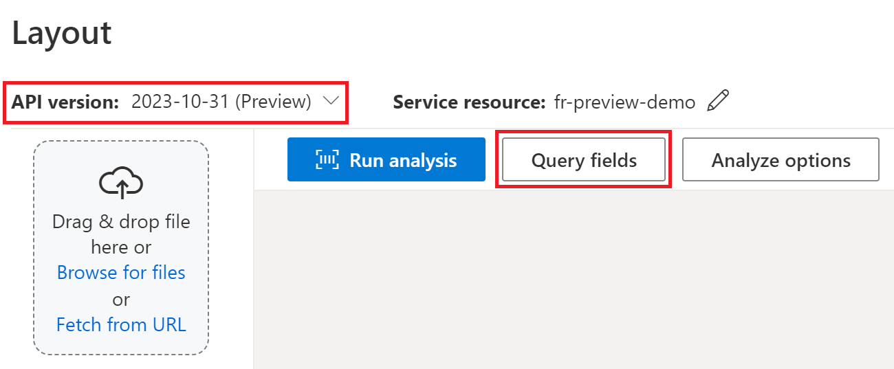 Captura de ecrã do botão de campos de consulta no Document Intelligence Studio.