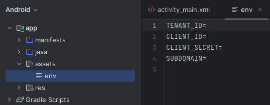 Captura de tela das variáveis de ambiente no Android Studio.