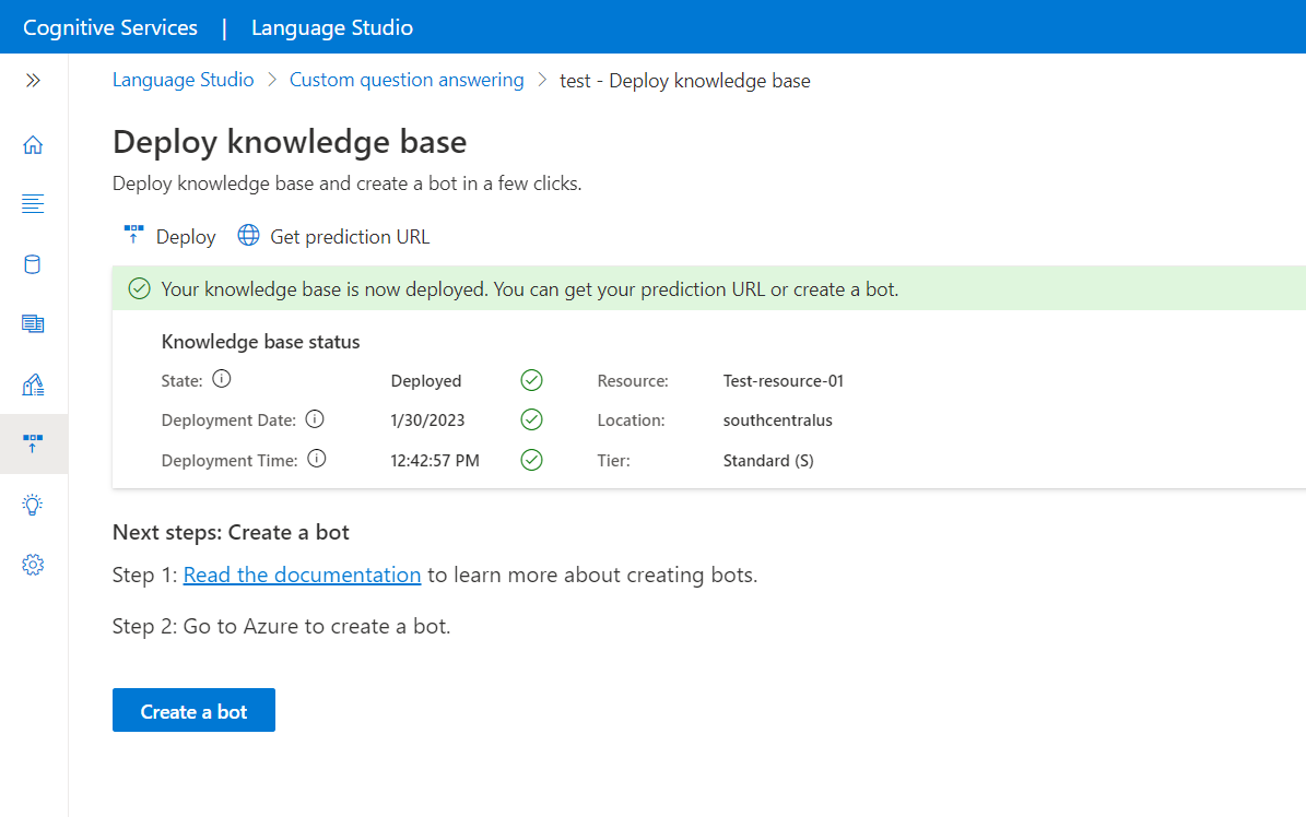 Captura de tela da interface do usuário com a opção de criar um bot no Azure.