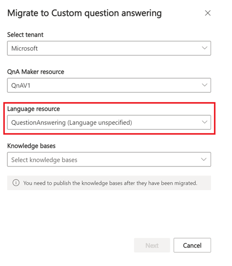 Migrar o QnA Maker com uma caixa de seleção vermelha em torno da opção de recurso de idioma selecionada no momento, que contém informações de que o idioma não foi especificado