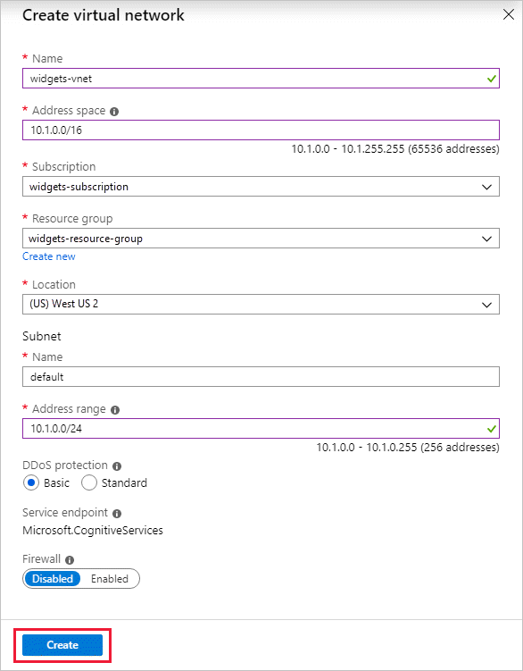 Captura de tela mostrando a caixa de diálogo Criar rede virtual.