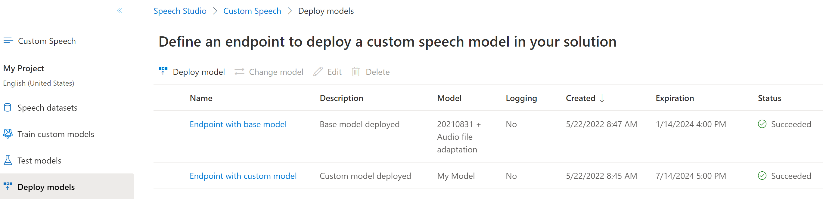 Captura de tela da página de modelos de implantação que mostra a data de validade da transcrição.