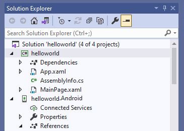 Captura de tela que mostra o projeto Olá, Mundo visível no Visual Studio.