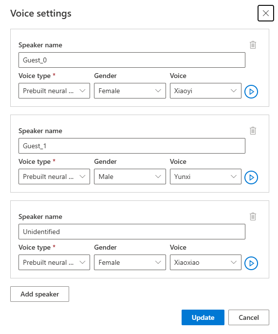 Captura de tela do ajuste das configurações de voz na página de configurações de voz.