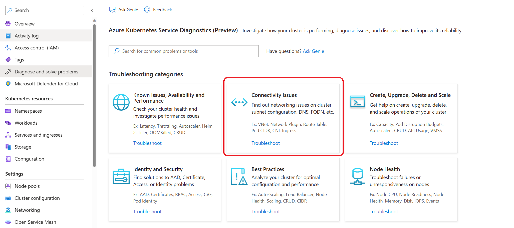 captura de tela dos Resultados do Diagnosticar e Resolver Problemas do AKS - Bloco de Rede.