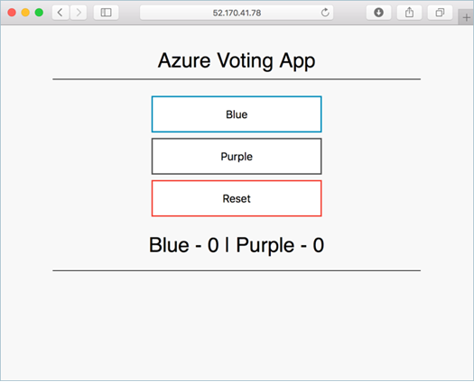 Captura de tela que mostra um exemplo da imagem atualizada do Aplicativo de Votação do Azure em execução em um cluster do AKS aberto em um navegador da Web local.