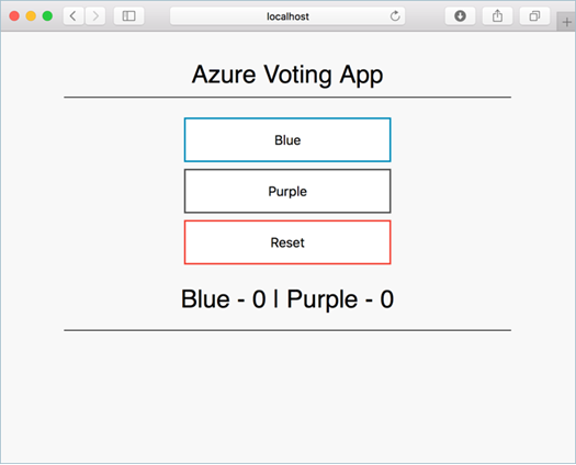 Captura de tela que mostra um exemplo da imagem de contêiner atualizada do Aplicativo de Votação do Azure em execução local aberto em um navegador da Web local