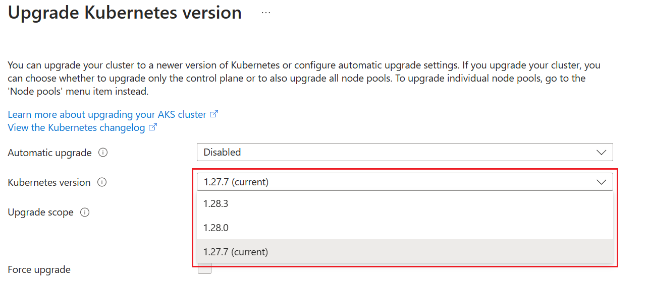 Captura de tela do Upgrade da versão com as versões de upgrade disponíveis.