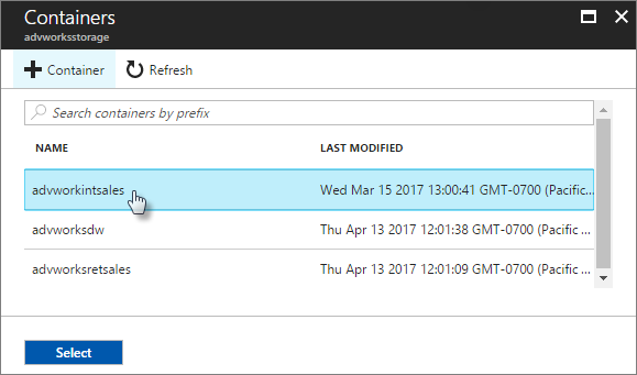 Screenshot that shows selecting a container.