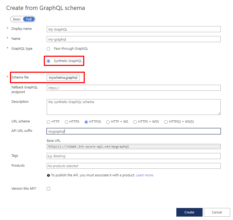 Captura de tela dos campos para criar uma API do GraphQL.