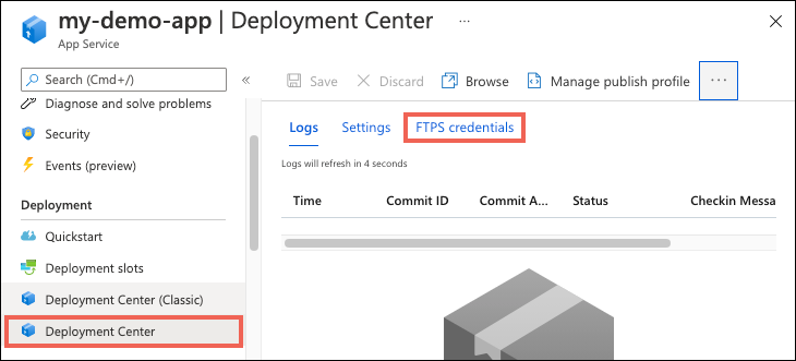 Mostra que você pode selecionar o painel FTP no Centro de implantação do Serviço de Aplicativo do Azure.