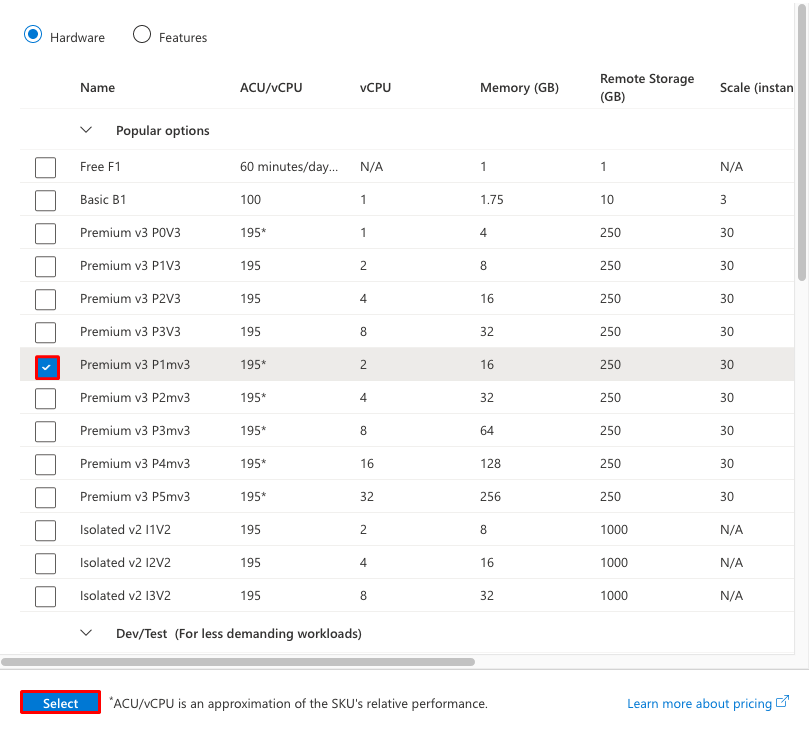 Captura de tela mostrando a página Explorar planos de preços com um plano Premium V3 selecionado.