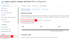 Uma captura de tela mostrando as configurações do aplicativo para um aplicativo Web e como adicionar uma configuração no portal do Azure.