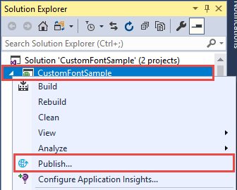 Captura de tela do Gerenciador de Soluções que mostra o projeto CustomFontSample e Publicar selecionados.